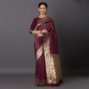 Magenta & Gold-Toned Silk Blend Woven Design Kanjeevaram Saree